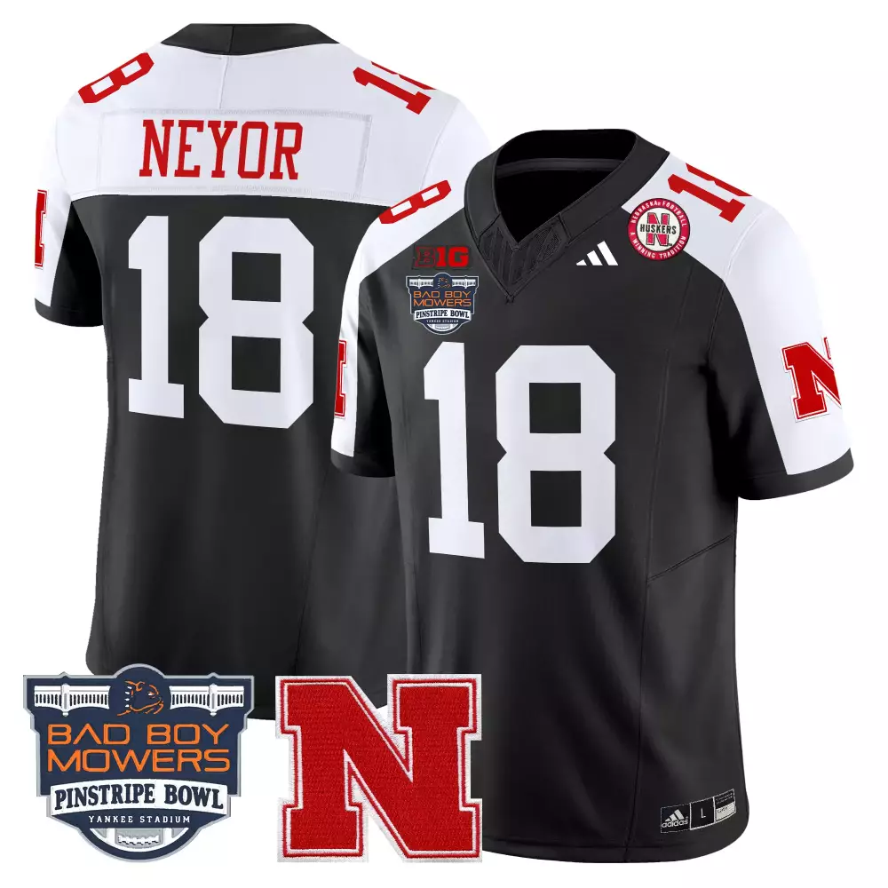 Custom Nebraska Cornhuskers  Bad Boy Mowers Pinstripe Bowl Big Ten Conference Isaiah Neyor 18 All Stitched 2025 Patch Style Authentic Jersey –…