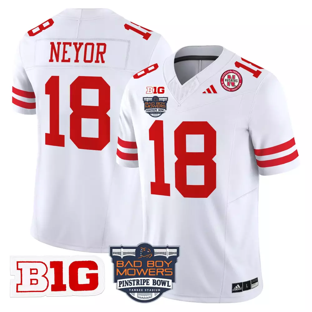 Custom Nebraska Cornhuskers  Big Ten Conference Isaiah Neyor 18 Stitched 2025 Pinstripe Bowl Patch Style Authentic Jersey – White