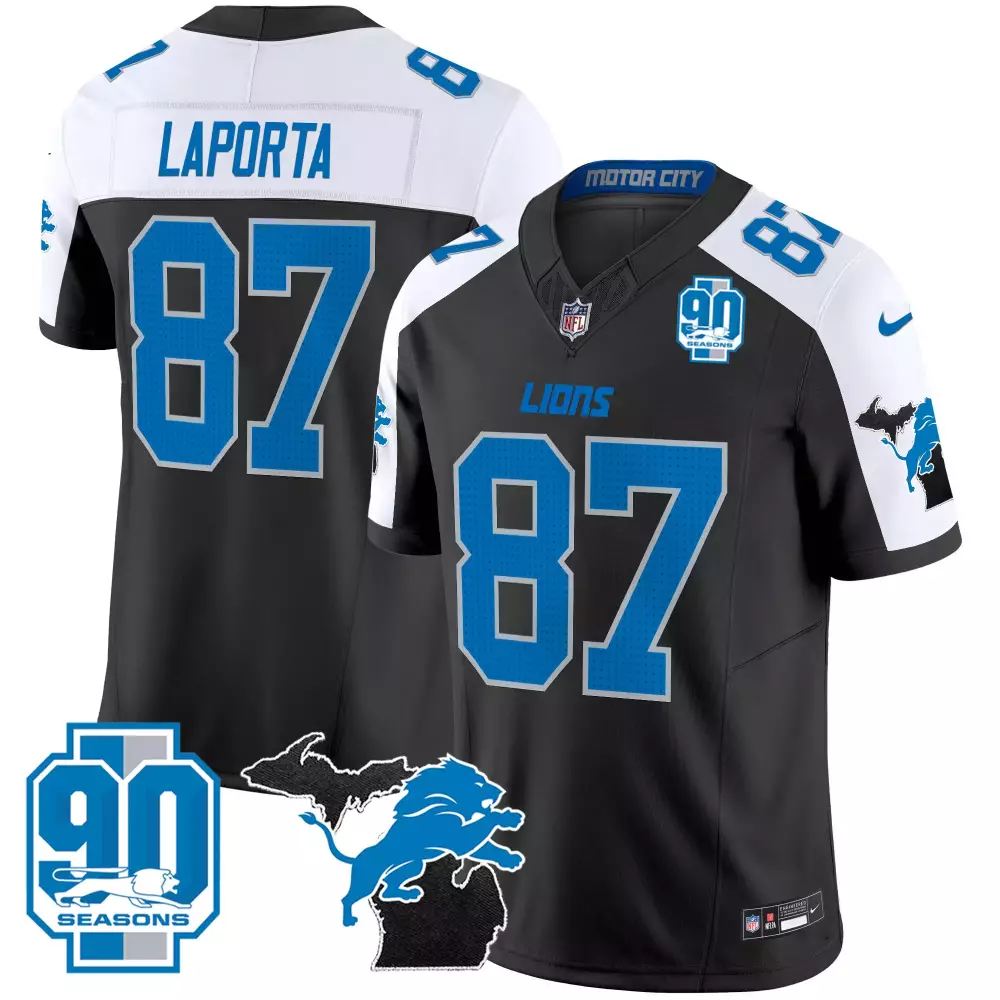 Laporta 87 Detroit Lions 2025 Black Stitched Vapor Jersey | 90th Season Patch | Fan Gear for Men, Women & Youth