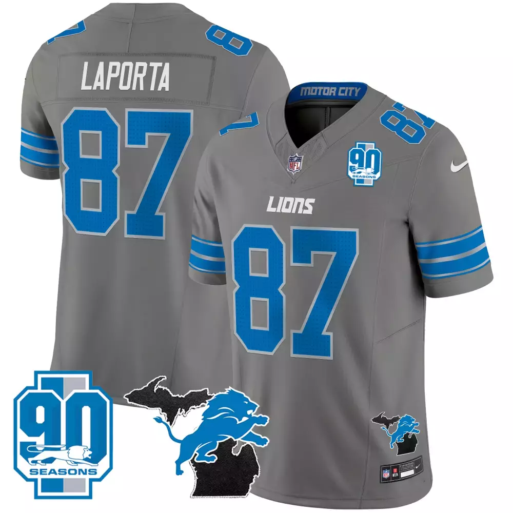 Laporta 87 Detroit Lions 2025 Gray Stitched Vapor Jersey | 90th Season Patch | Fan Gear for Men, Women & Youth