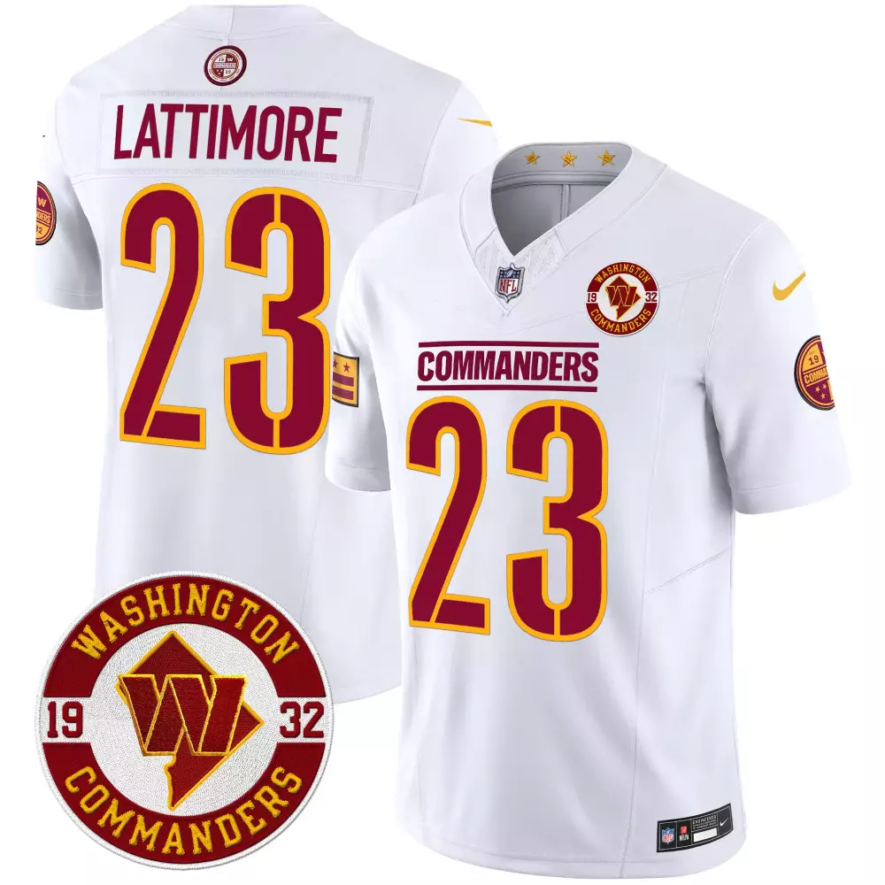 Lattimore 23 Washington Commanders Men's White Stitched Jersey | 2024 Name Patch Style | For Men, Women & Youth