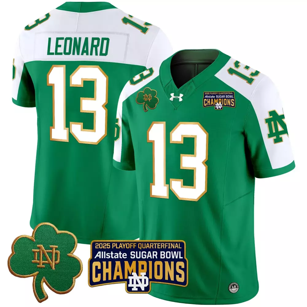 Leonard 13 Notre Dame Fighting Irish 2025 Stitched Jersey | Green Sugar Bowl Champions | Limited Edition Fan Gear | For Men, Women & Youth