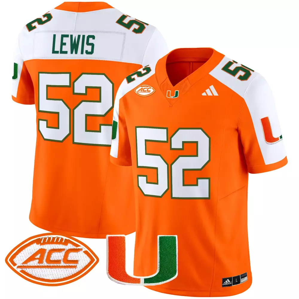 Lewis 52 Miami Hurricanes Orange Stitched Jersey | 2025 ACC Patch | Replica Fan Gear for Men, Women & Youth