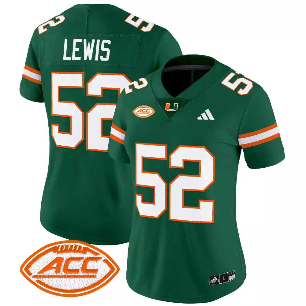 Lewis 52 Miami Hurricanes Women's Green Stitched Jersey 2025 | ACC Patch | Game Day Outfit | For Men, Women & Youth