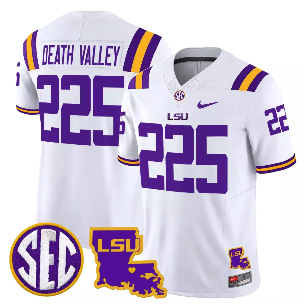 LSU Tigers Death Valley 225 White Jersey | 2025 Louisiana Patch | Premium Fan Gear for Men, Women & Youth
