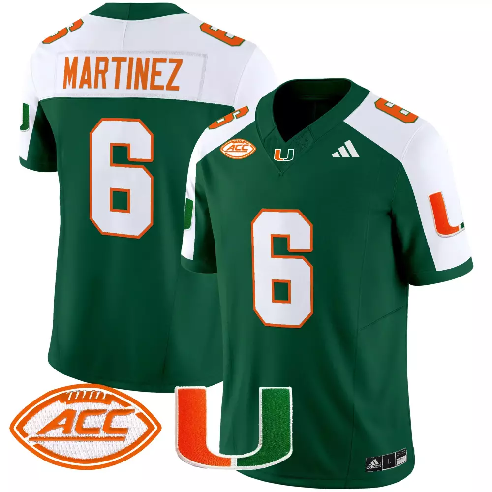 Martinez 6 Miami Hurricanes 2025 Stitched Jersey | Green with ACC Patch | Replica Fan Gear for Men, Women & Youth