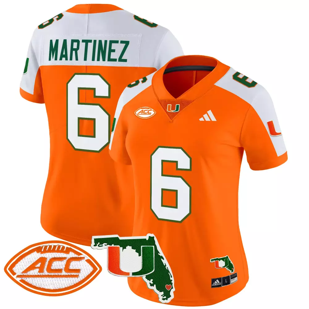 Martinez 6 Women's Miami Hurricanes Orange Stitched Jersey | 2025 Name Patch | Stylish Fan Gear for Women & Youth