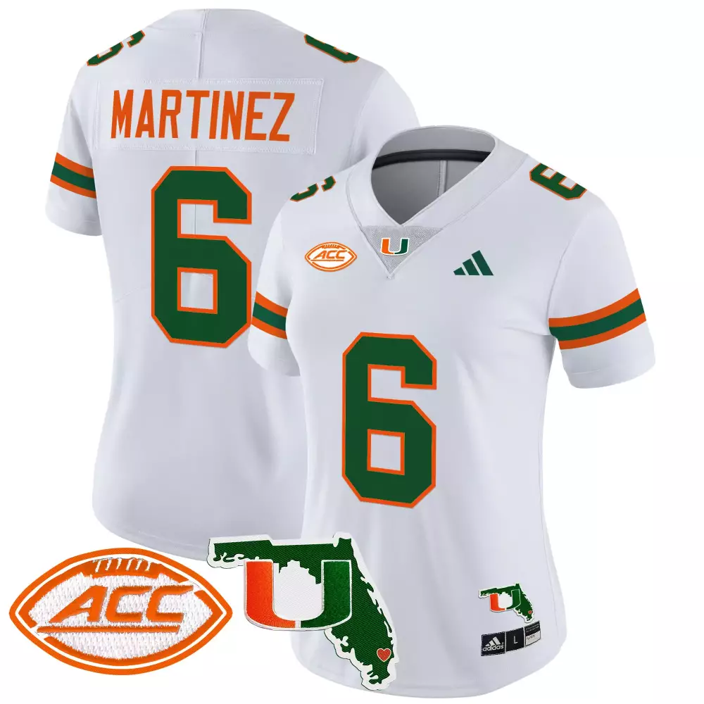 Martinez 6 Miami Hurricanes 2025 White Stitched Jersey | ACC Patch | Women's Fan Gear | For Men, Women & Youth