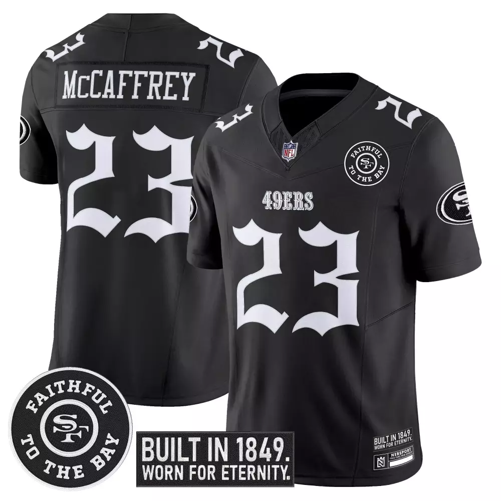 Mccaffrey 23 San Francisco 49ers Stitched Vapor Jersey | White Name Patch 2023 | For Men, Women & Youth