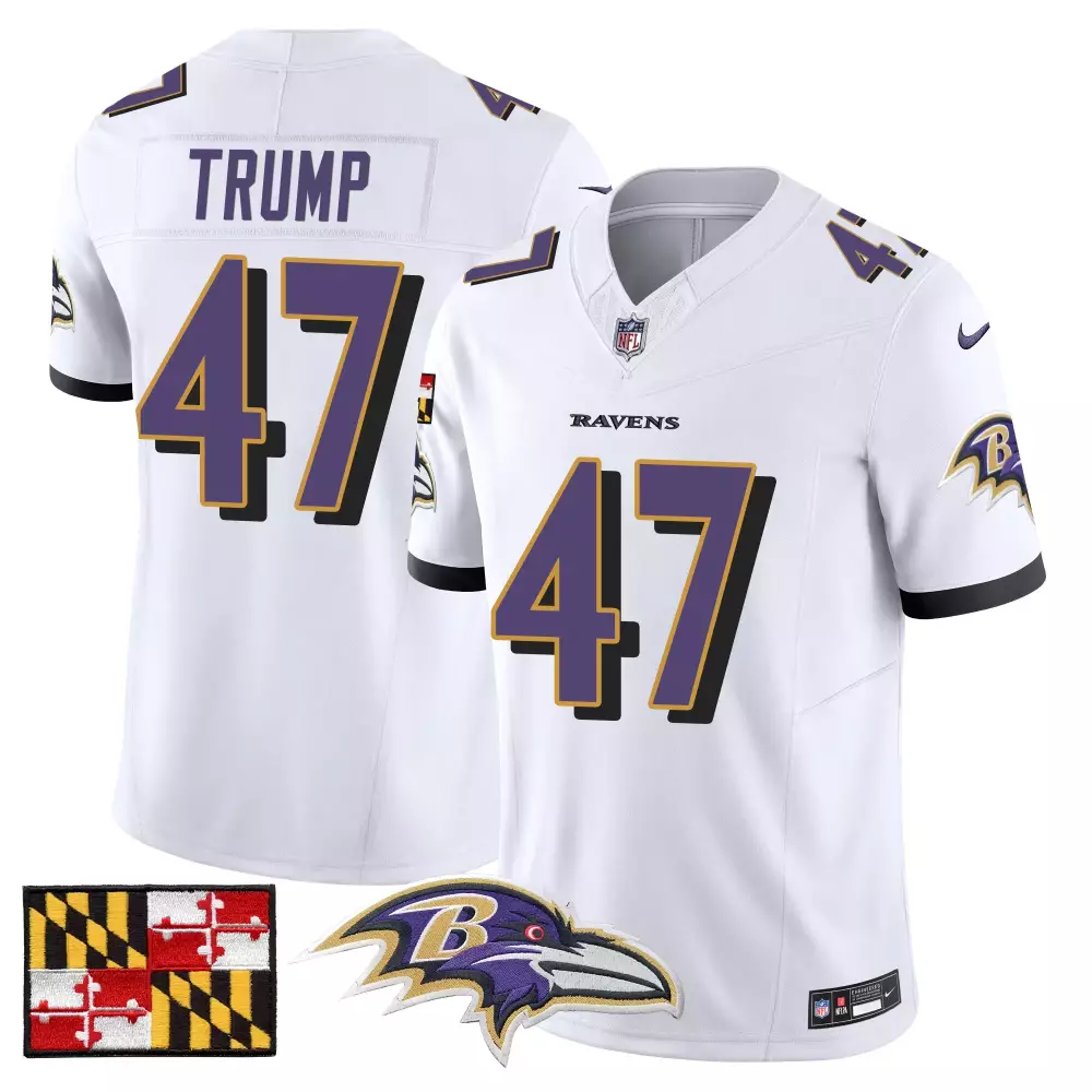 Men's Baltimore Ravens White All Stitched Jersey | Name Patch Trump 47 | For Men, Women & Youth