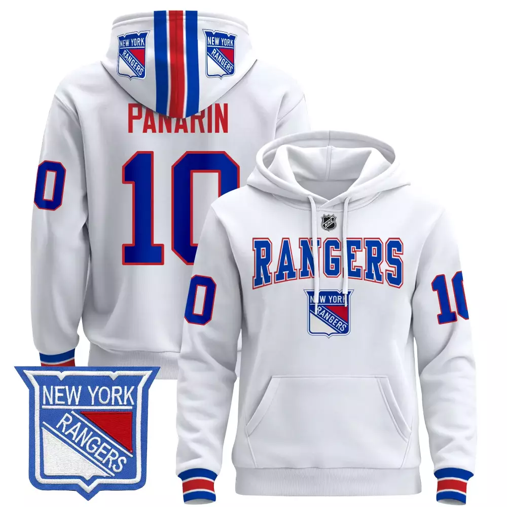 Custom New York Rangers  Pullover Hoodie All Stitched Panarin 10 2024 Name Patch Stitched Jersey – White