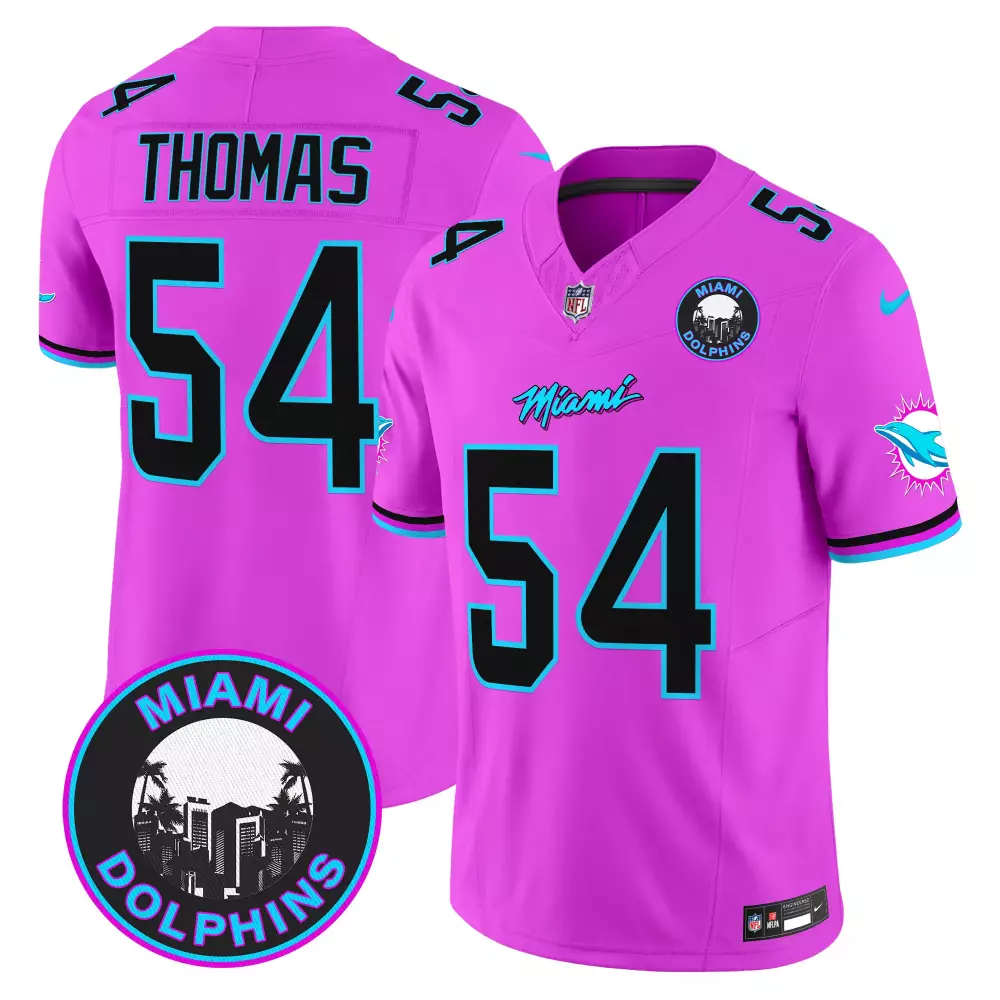 Miami Dolphins Pink Stitched Jersey 2023 | Thomas 54 Name Patch | For Men, Women & Youth