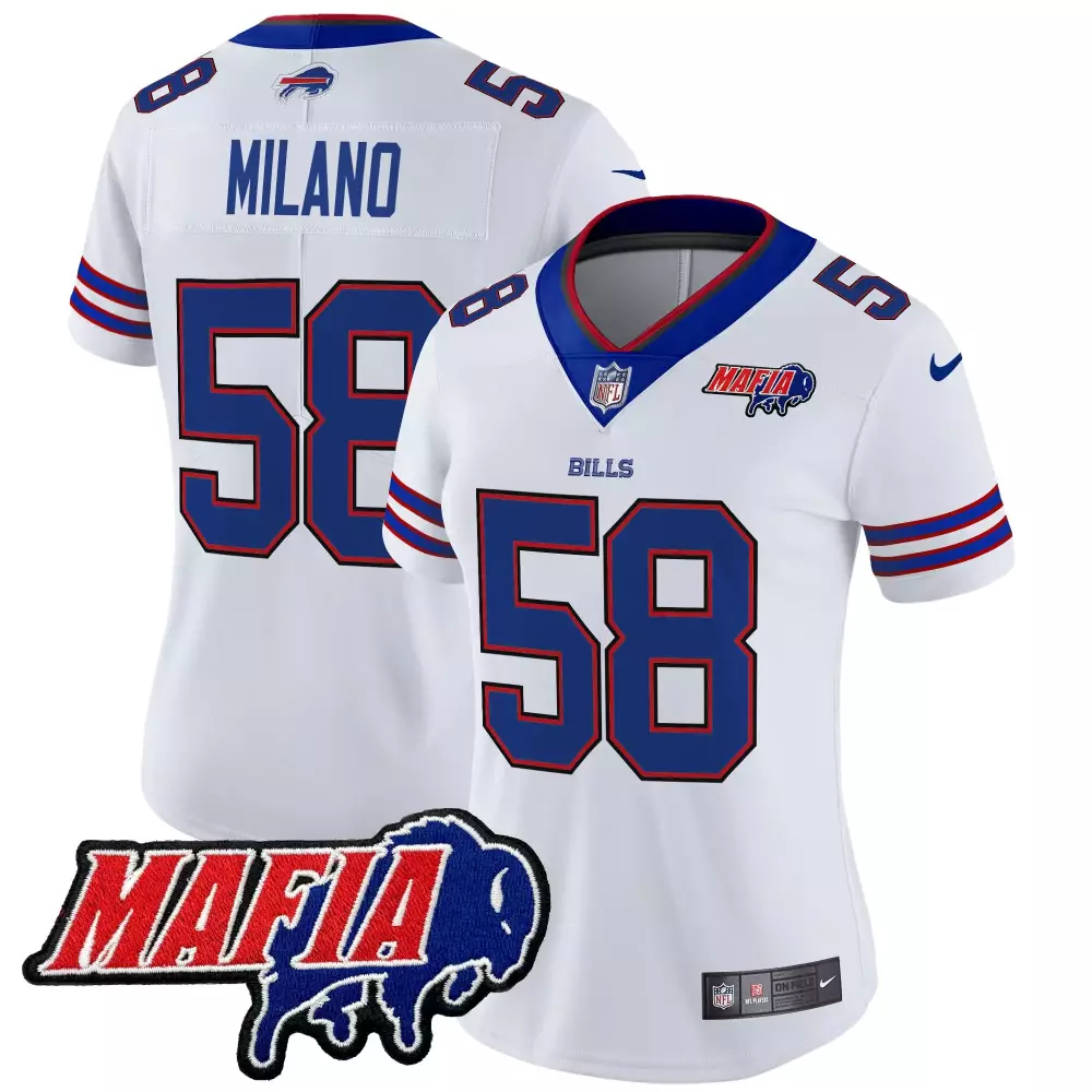 Milano 58 Women's Stitched Jersey | White Buffalo Bills Mafia Patch 2025 | Limited Edition Fan Gear for Game Day | For Men, Women & Youth