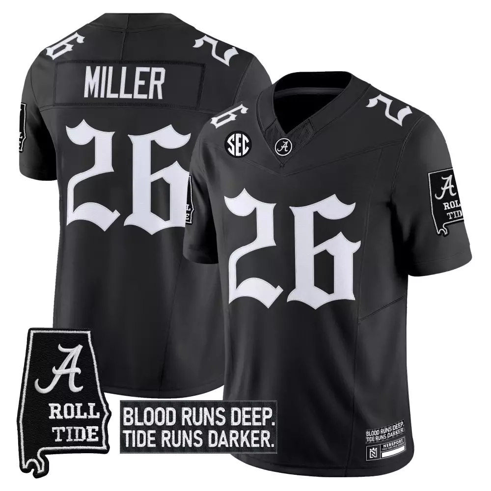 Miller 26 Alabama Crimson Tide Black Stitched Jersey | 2023 Name Patch | Replica Fan Gear | For Men, Women & Youth