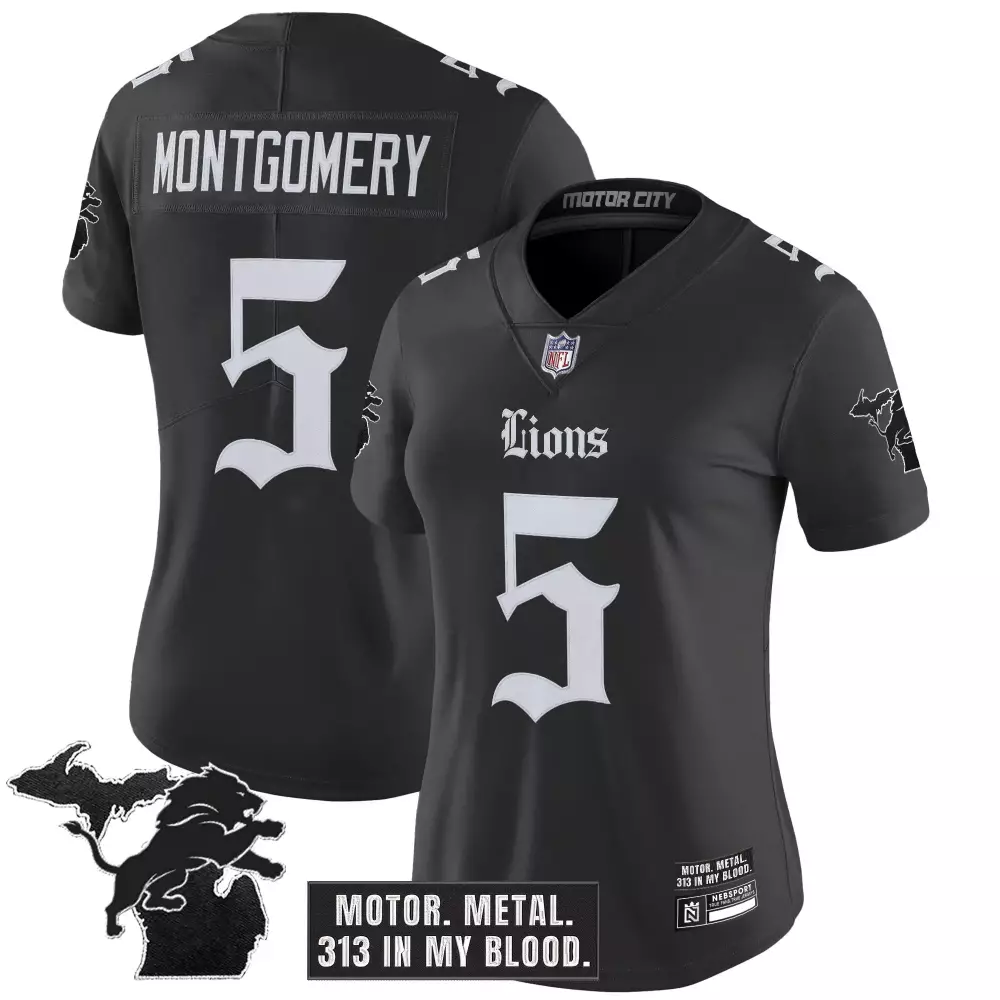Montgomery 5 Women's Stitched Jersey | Black Motor City Edition 2023 | Detroit Lions Fan Gear for Women & Youth