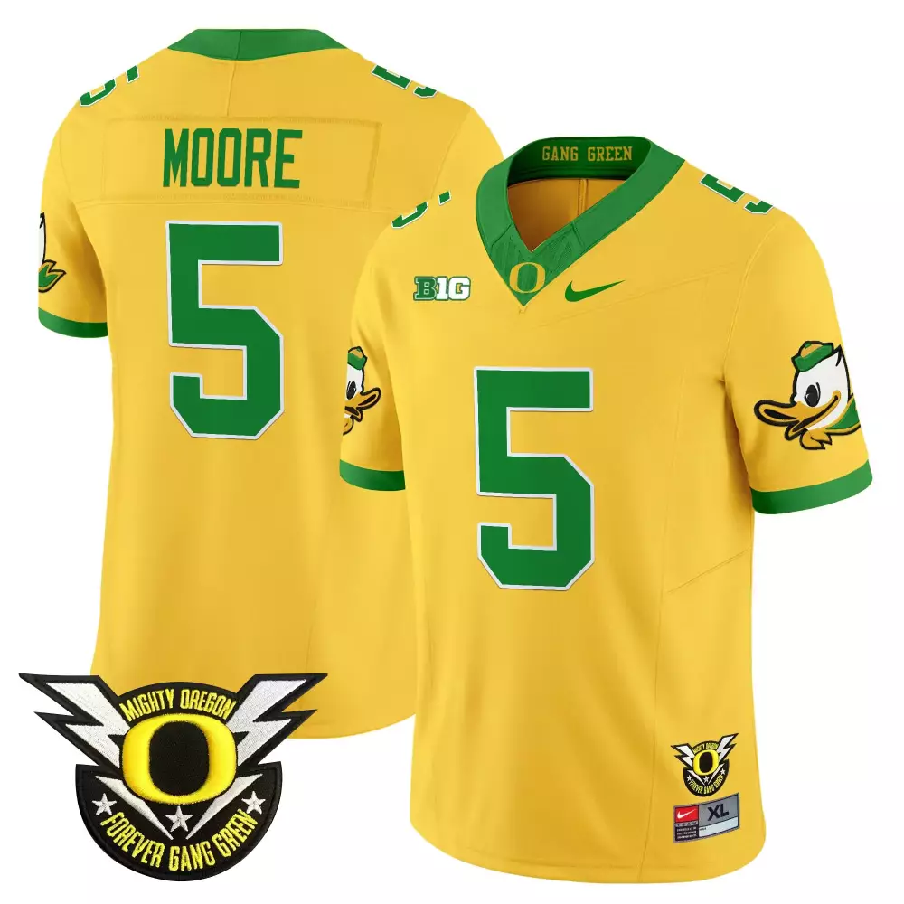 Moore 5 Oregon Ducks 2025 Yellow Stitched Jersey | Mighty Oregon Patch | Fan Gear for Men, Women & Youth