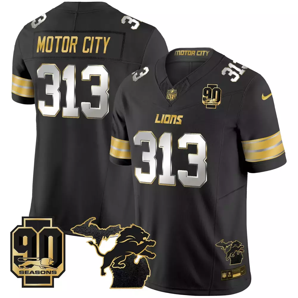 Motor City 313 Stitched Jersey | Black Detroit Lions 90 Seasons Patch | Men's Style 2025 | Fan Gear for Men, Women & Youth
