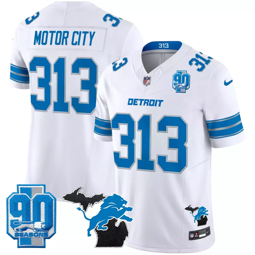 Motor City 313 Women's Stitched Vapor Jersey | White Detroit Lions 90 Seasons Patch 2024 | Game Day Outfit for Men, Women & Youth