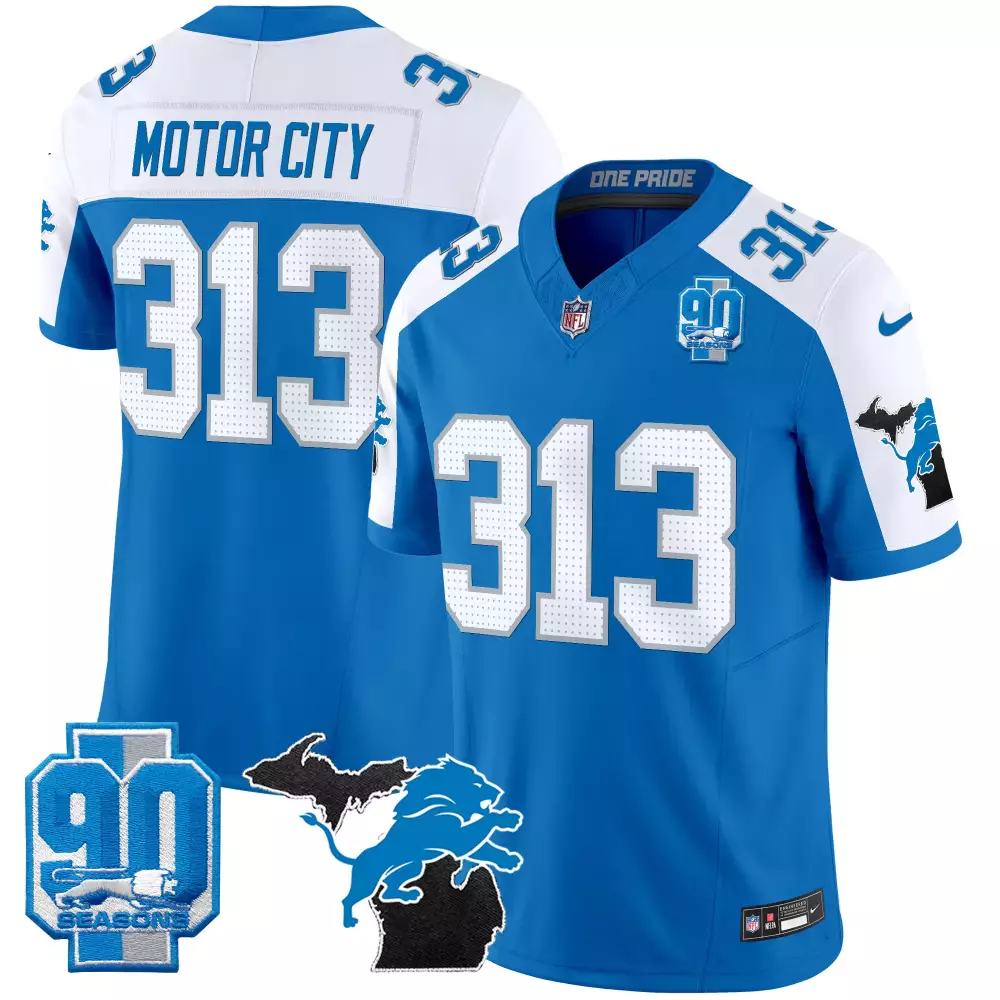 Motor City Men's Stitched Jersey | Blue Detroit Lions 90 Seasons Patch 313 | Game Day Outfit for Men, Women & Youth
