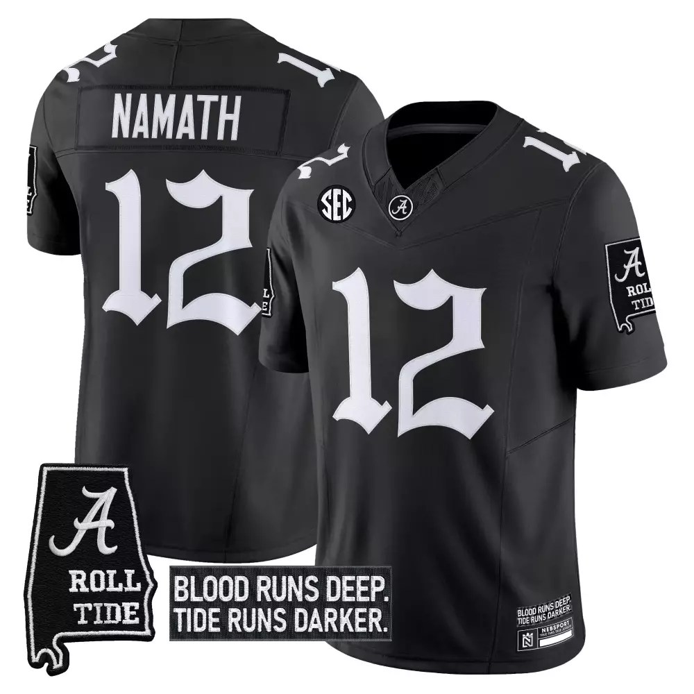 Namath 12 Alabama Crimson Tide Black Stitched Jersey | Name Patch 2023 | For Men, Women & Youth