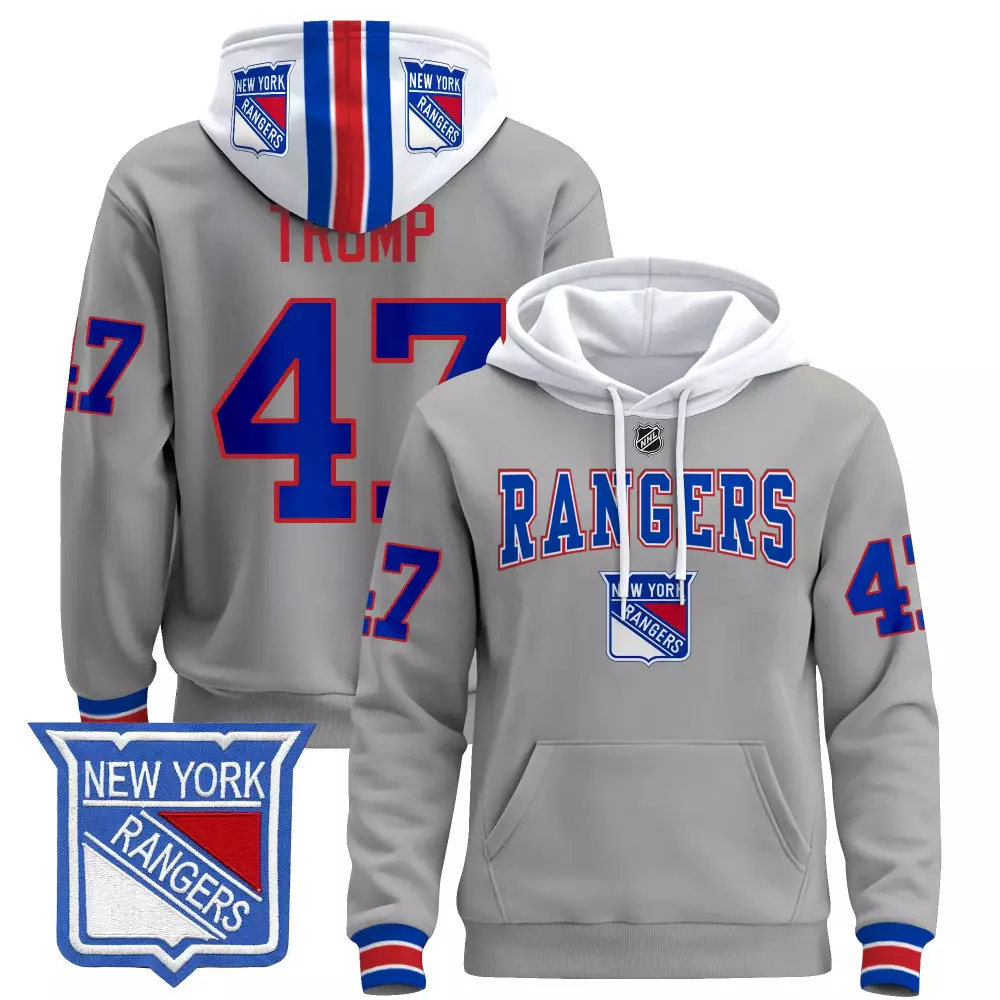 Custom New York Rangers  Null 2024 Stitched Hoodie Trump 47 Name Patch Null Jersey – Gray
