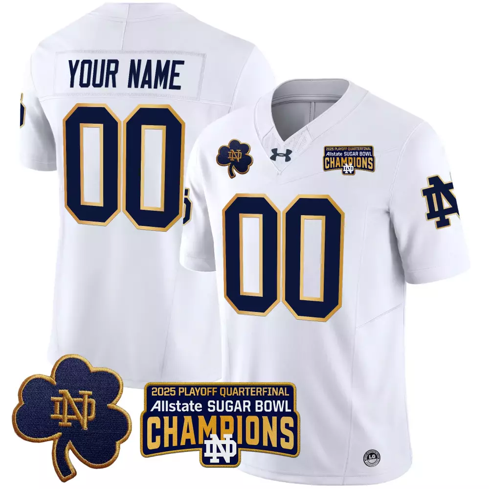 Notre Dame Fighting Irish White Stitched Jersey | With Name Patch 2025 Sugar Bowl Champions Men's Style | Fan Gear for Game Day | For Men, Women & Youth