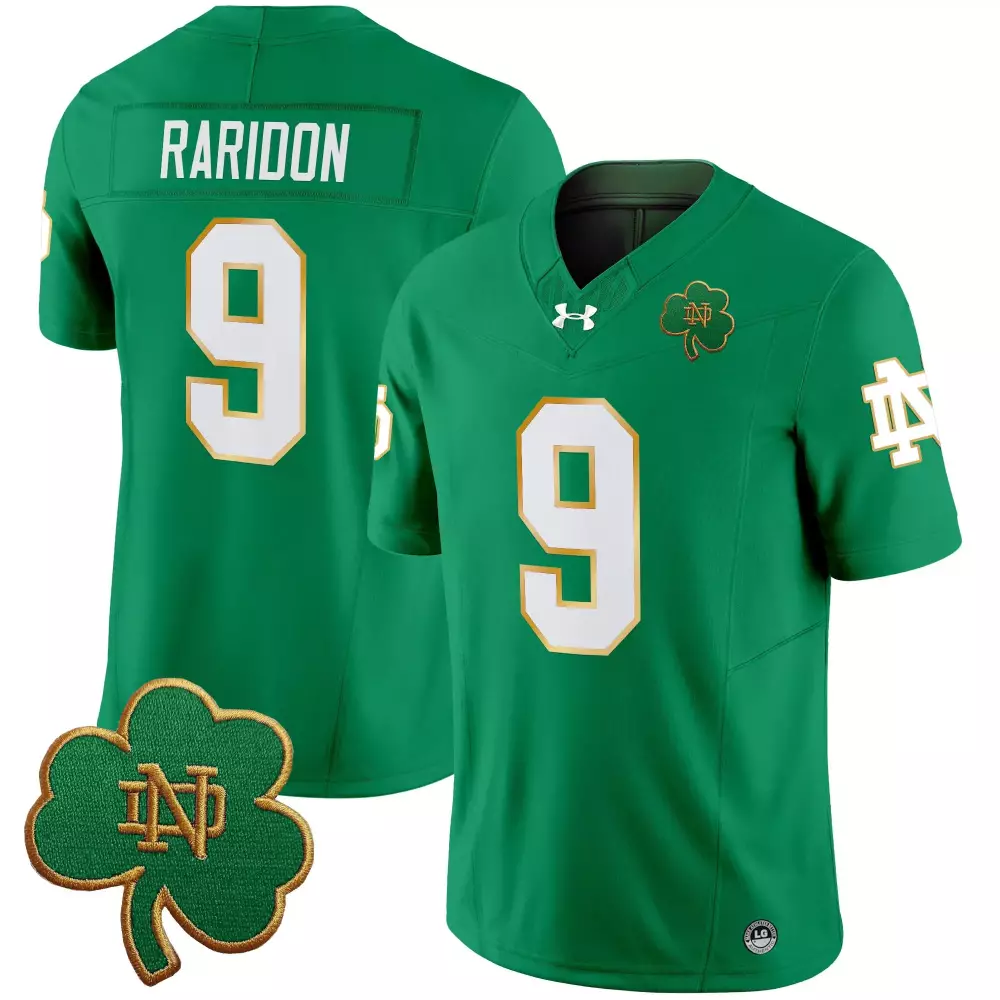 Raridon 9 Notre Dame Fighting Irish Green Stitched Jersey 2025 | Name Patch | Replica Fan Gear for Men, Women & Youth