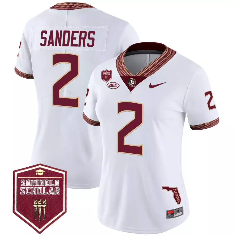 Sanders 2 Women's White Stitched Jersey | Florida State Seminoles 2025 | Seminole Scholar Patch | For Women, Men & Youth