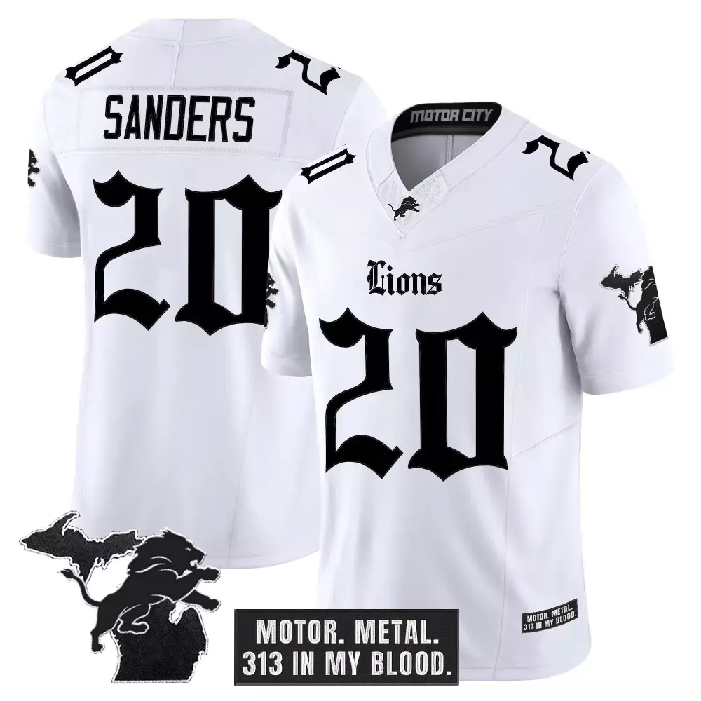 Sanders 20 Men's Stitched Jersey | White Detroit Lions Motor City Edition 2023 | Name Patch | Fan Gear for Game Day | For Men, Women & Youth