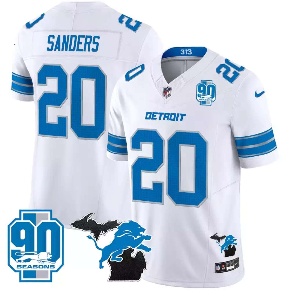 Sanders 20 Detroit Lions 2025 Stitched Jersey | White with 90 Seasons Patch | Limited Edition Fan Gear | For Men, Women & Youth