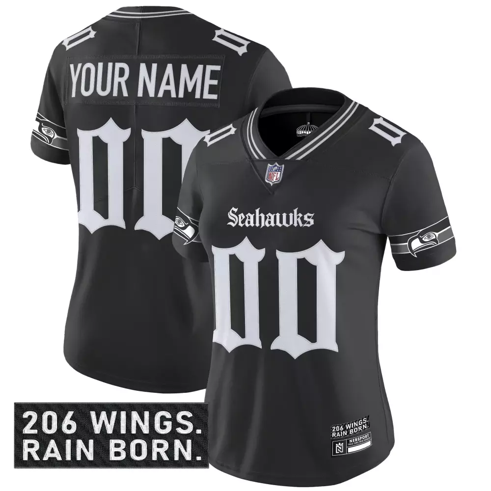 Seattle Seahawks Women's Stitched Jersey Black 206 Wings Edition 2023 | Name Patch for Women, Men & Youth