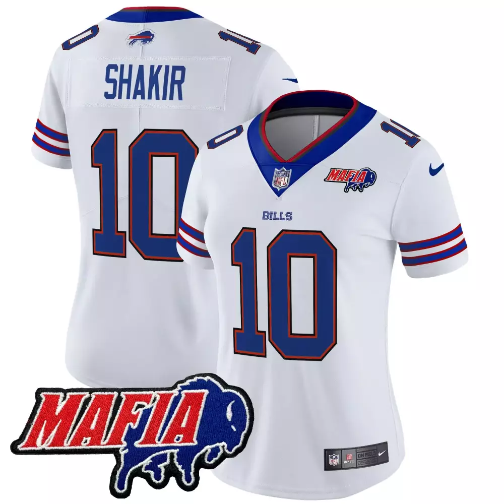 Shakir 10 Women's Stitched Buffalo Bills Jersey | White 2025 Mafia Patch | Limited Edition Fan Gear | For Men, Women & Youth
