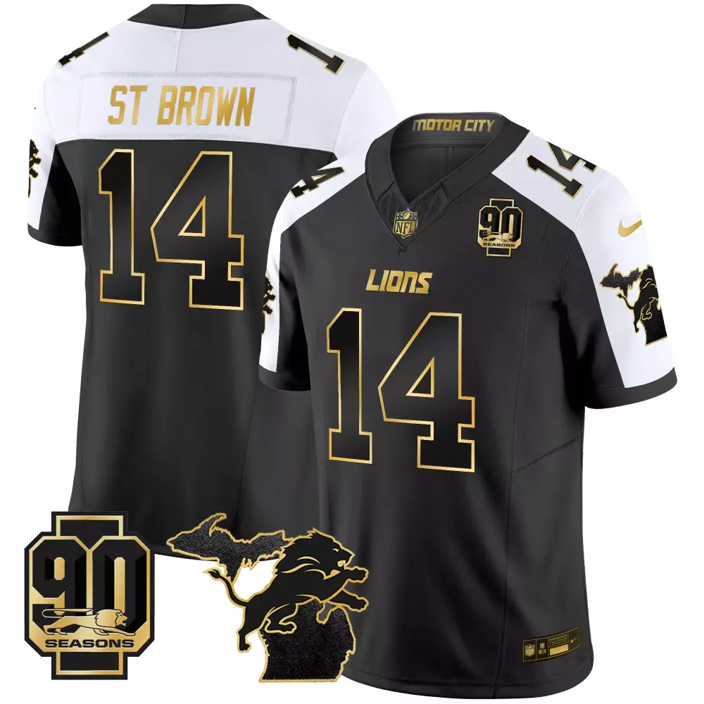 St. Brown Detroit Lions Black Stitched Jersey | 90 Seasons Name Patch 2025 | For Men, Women & Youth