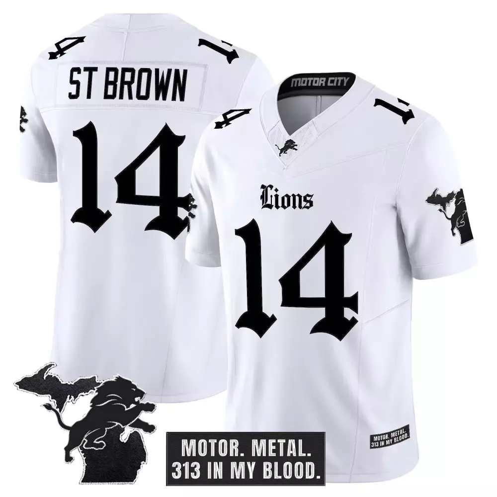 St. Brown 14 Men's Stitched Jersey | Detroit Lions White Motor City Edition 2023 | Limited Edition Fan Gear | For Men, Women & Youth