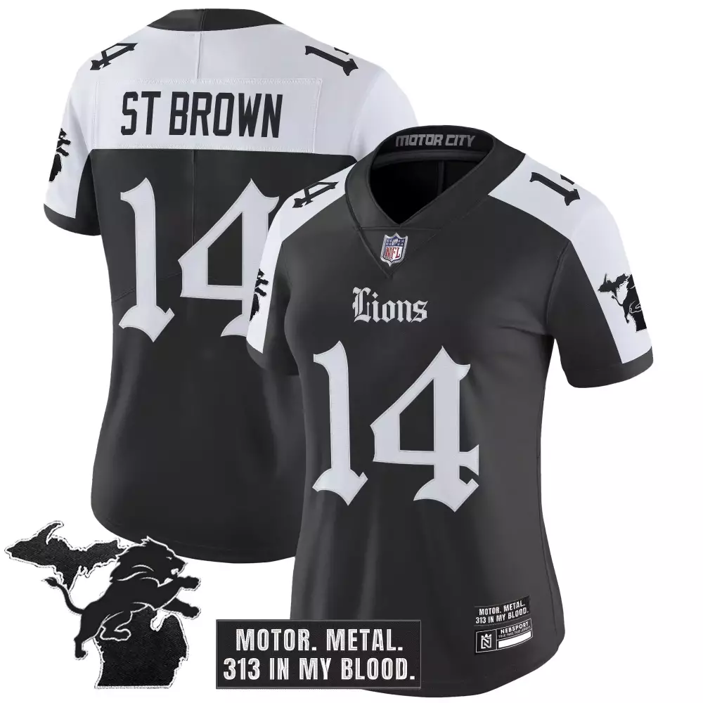 St Brown 14 Women's Stitched Jersey | Detroit Lions Motor City Edition Black 2023 | Stylish Fan Gear | For Men, Women & Youth