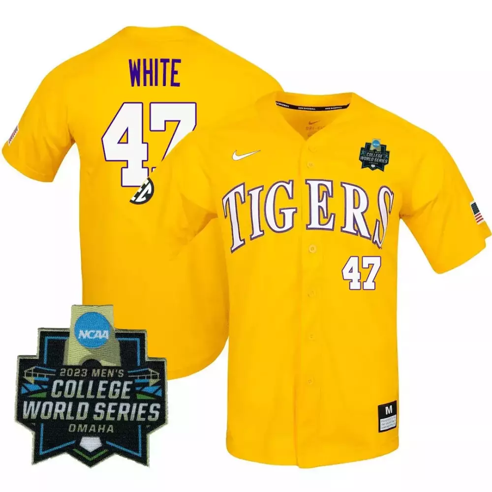 Tommy White 47 LSU Tigers 2023 Stitched Jersey | Yellow | College World Series | Fan Gear for Men, Women & Youth