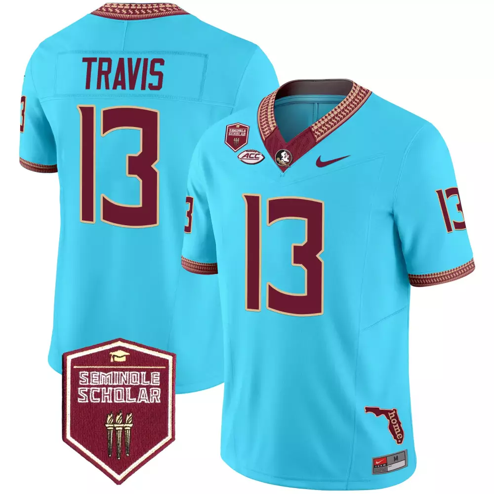 Travis 13 Florida State Seminoles Aqua Vapor Jersey | 2025 Seminole Scholar Patch | Game Day Outfit for Men, Women & Youth