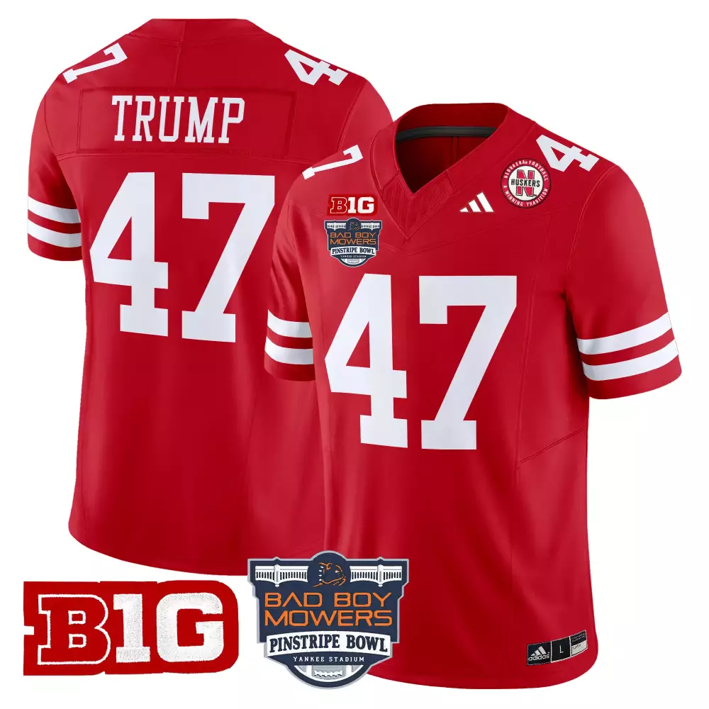 Custom Nebraska Cornhuskers  Bad Boy Mowers Pinstripe Bowl Big Ten Conference Trump 47 Stitched Name Patch 2025 Limited Authentic Jersey – Red