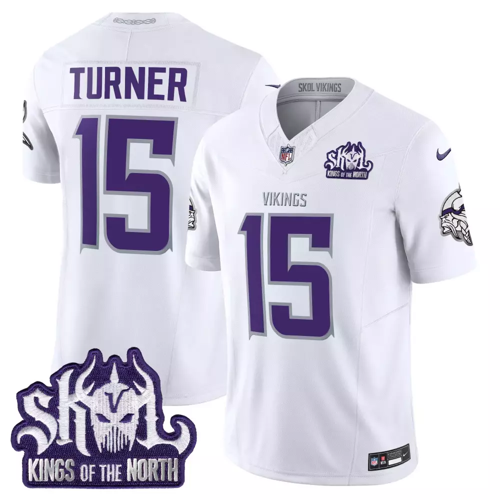 Turner 15 Minnesota Vikings White Stitched Jersey | Kings Of The North 2025 Edition | For Men, Women & Youth