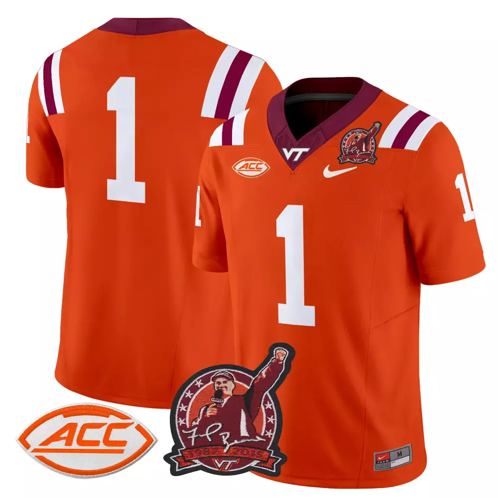 Custom Virginia Tech  ACC Hokies 1 All Stitched Limited 2024 Style Name Patch Football Jersey – Orange