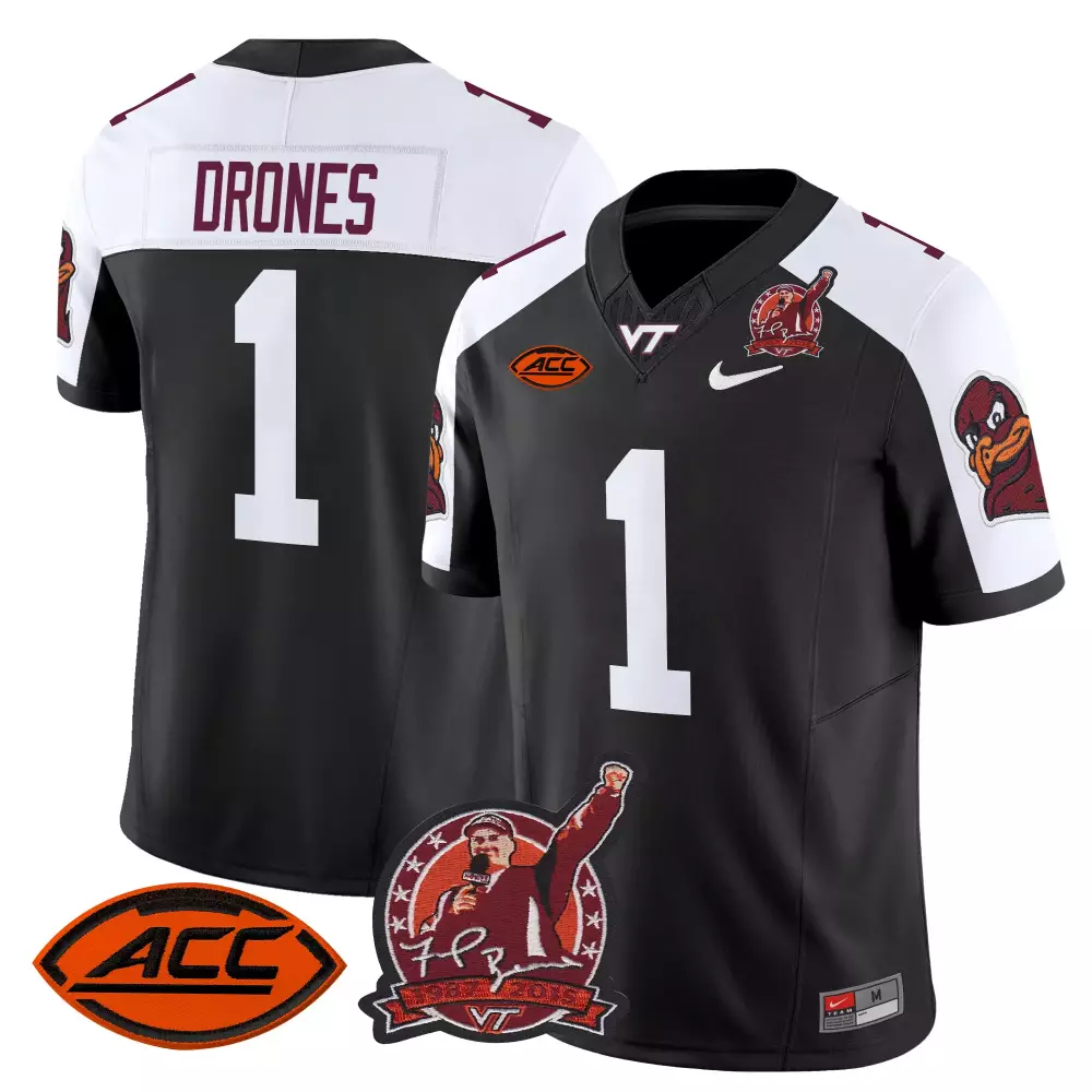 Custom Virginia Tech  Frank Beamer Retirement Hokies All Stitched Drones 1 Name Patch 2024 Style Football Jersey – Black