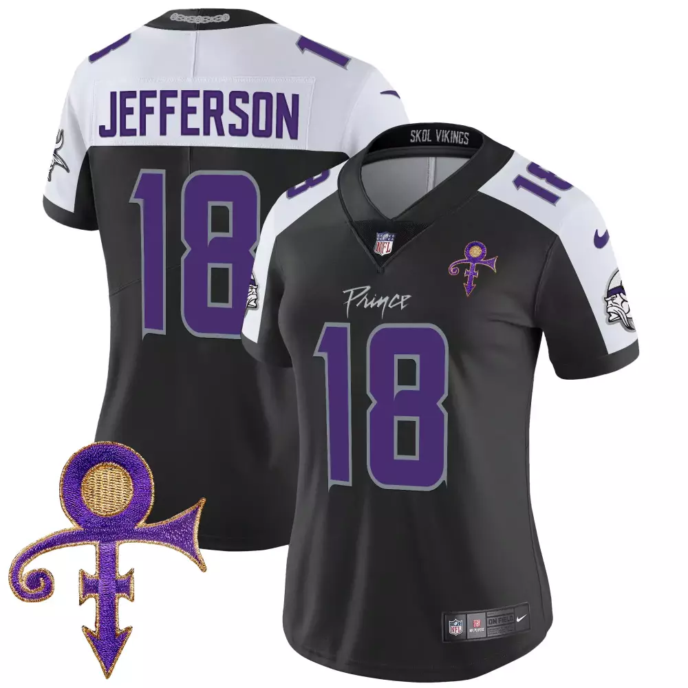 Minnesota Vikings Women's Justin Jefferson 18 Black Stitched Jersey | 2024 Name Patch | Fan Gear | For Men, Women & Youth