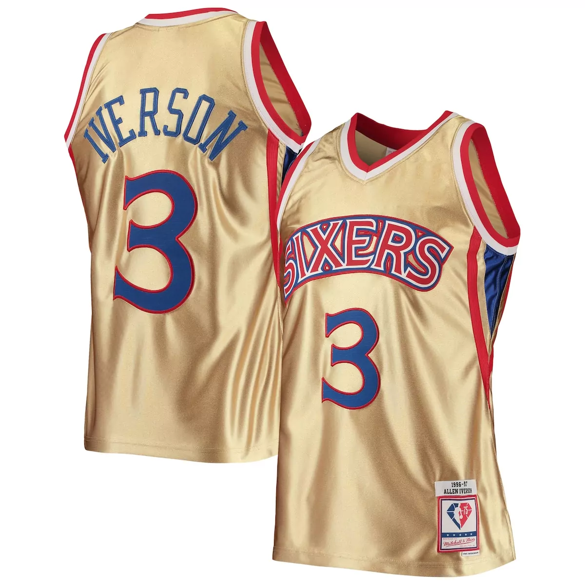 Allen Iverson Gold 75th Anniversary Jersey | 1996-97 Hardwood Classics Philadelphia 76ers Fan Gear | For Men, Women & Youth