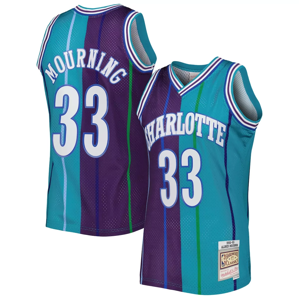 Alonzo Mourning Teal & Purple Split Jersey | Charlotte Hornets 1992-93 | Hardwood Classics Fan Gear | For Men, Women & Youth
