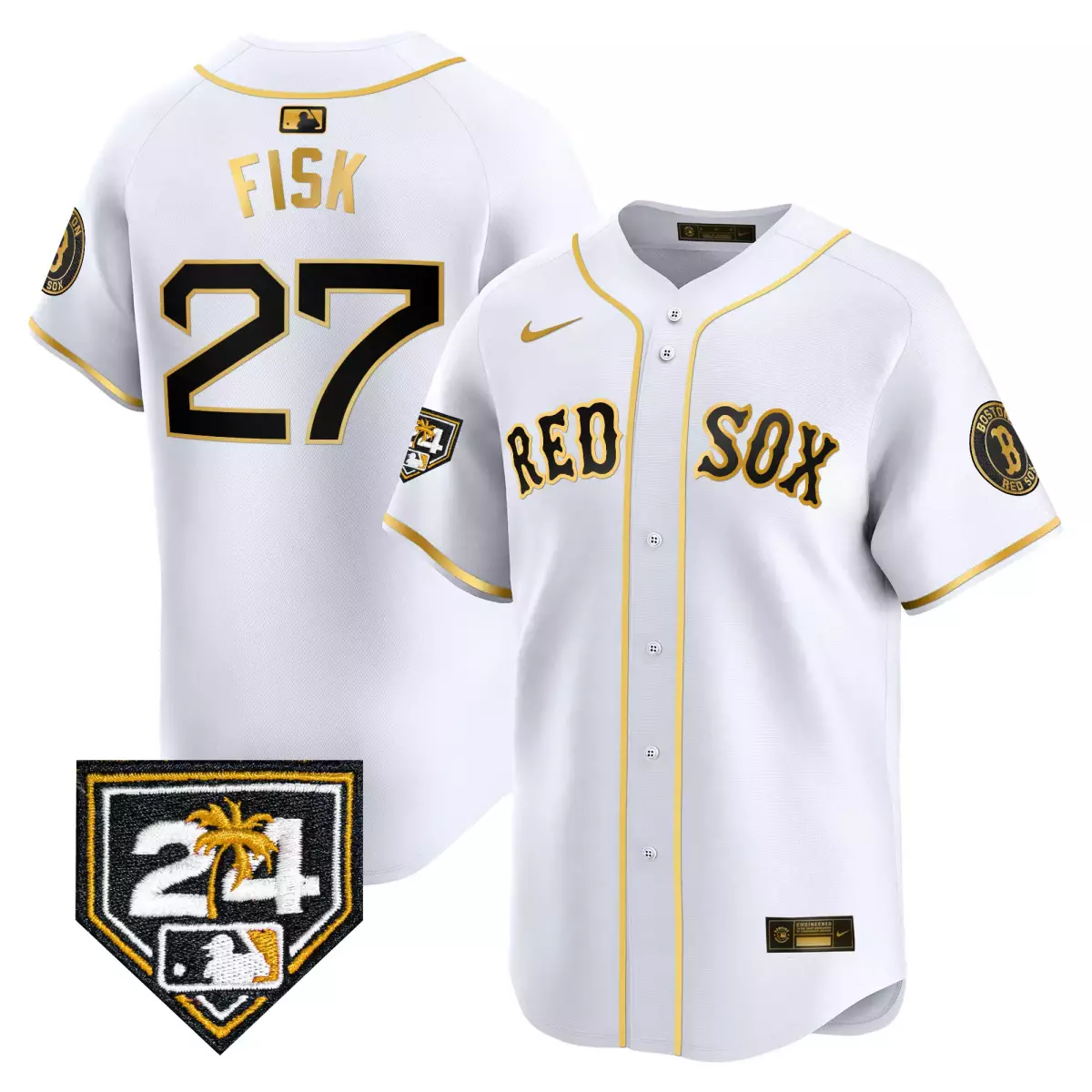 Fisk Boston Red Sox 27 White Gold Jersey | 2024 Spring Training Patch | Vapor Premier Limited Edition for Men, Women & Youth