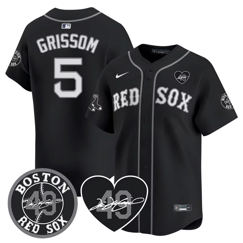 Grimssom Boston Red Sox 5 Jersey | Black | Limited Edition with Wakefield Memorial Patch | For Men, Women & Youth