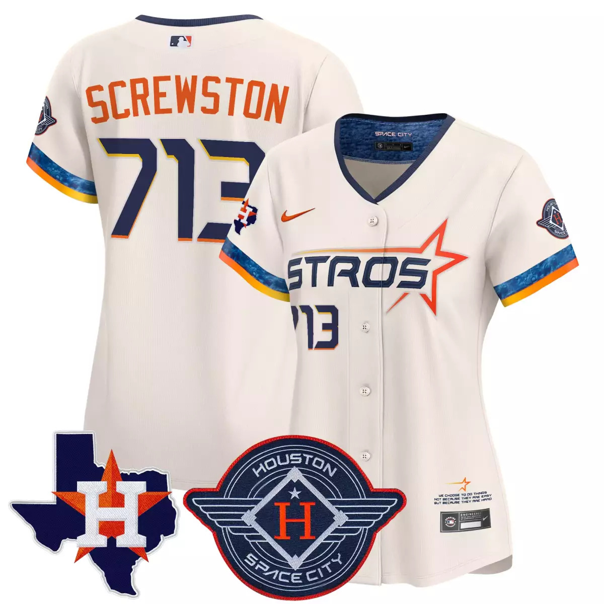 713 Screwston Houston Astros Cream Jersey | 2025 City Connect Texas Patch | Limited Edition Fan Gear | For Men, Women & Youth