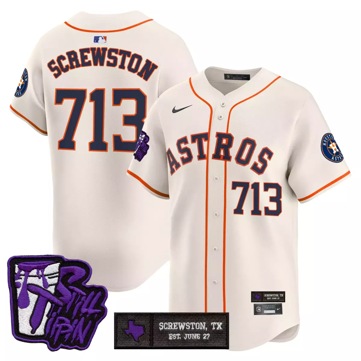 713 Screwston Houston Astros Cream Jersey | DJ Screw Still Tippin Purple Patch | Limited Edition Fan Gear | For Men, Women & Youth