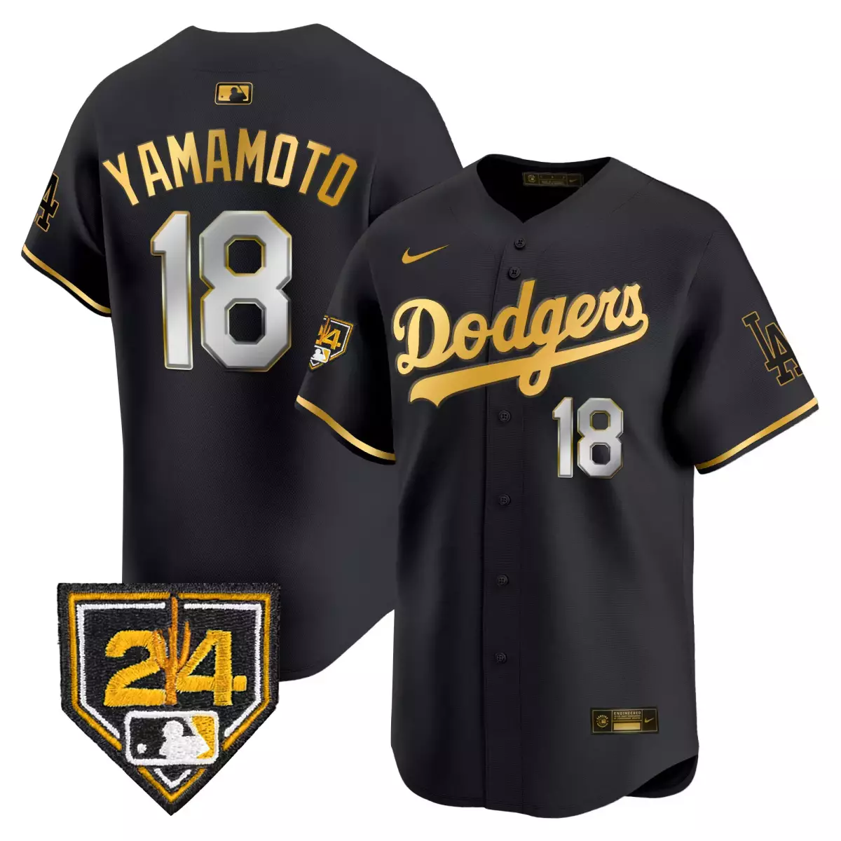 Yamamoto Dodgers 2025 Black Gold Jersey | Fernando Patch | Limited Edition Vapor Premier Fan Gear | For Men, Women & Youth