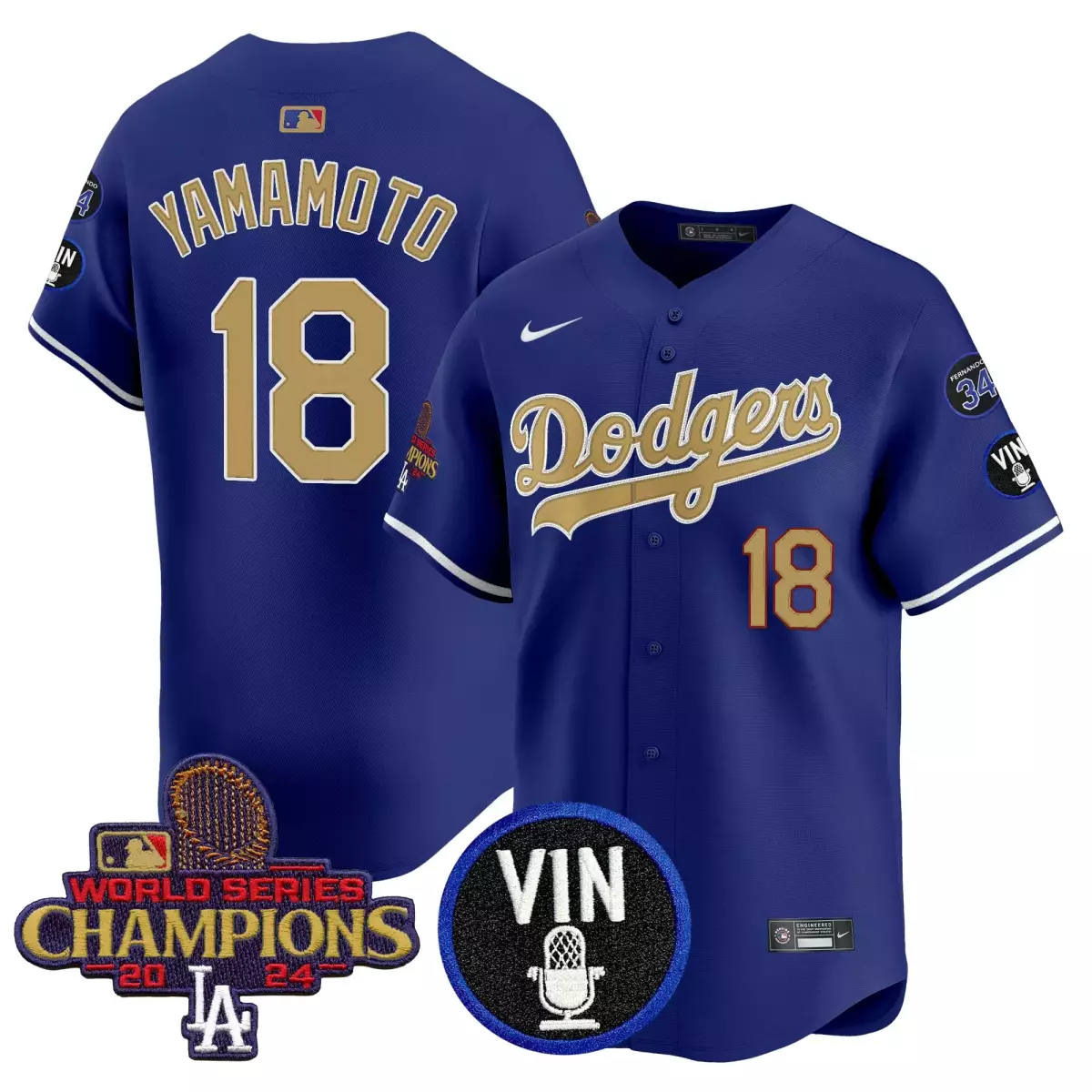 Yamamoto Dodgers 2025 Navy Jersey | Vin Scully 34 Fernando Patch Gold Vapor Premier Limited Edition | Fan Gear for Men, Women & Youth